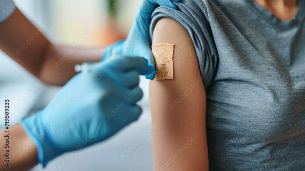 healthcare professional in blue gloves applying an adhesive bandage to someone's upper arm