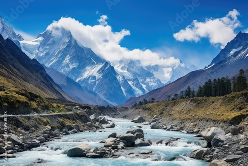 Mountain river in the Himalayas, Mountain landscape with river and blue sky in Himalayas ,Baishui River. Ai generated