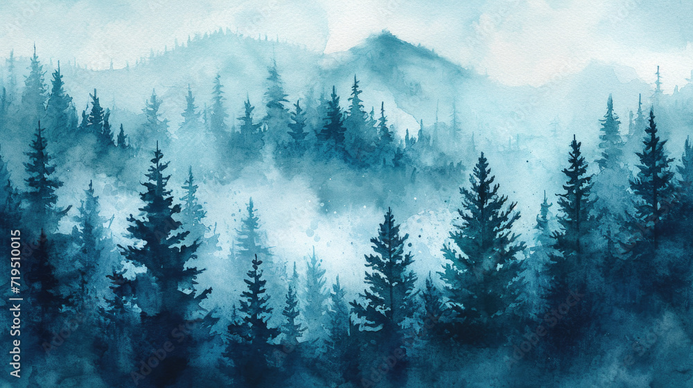 Beautiful watercolor painting of forest with majestic mountain in background. Perfect for nature lovers and art enthusiasts.