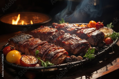Alcatrates traditional meat on Brazilian barbecue serving in a traditional restaurant in Brazil, generative IA