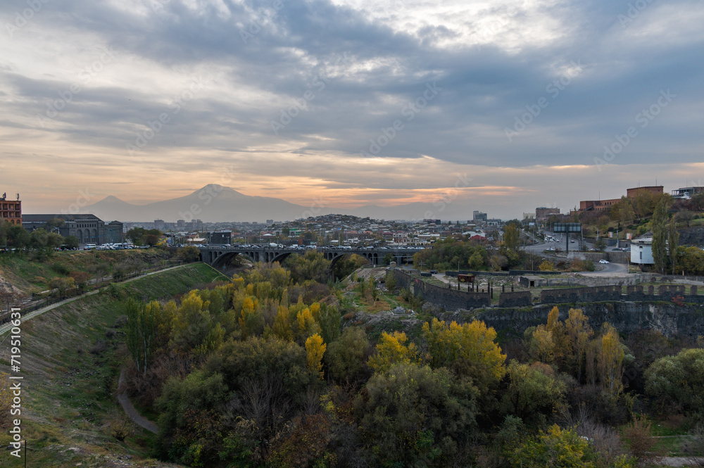 Stunning view of Mount Ararat and the city of Yerevan. Beautiful sunset