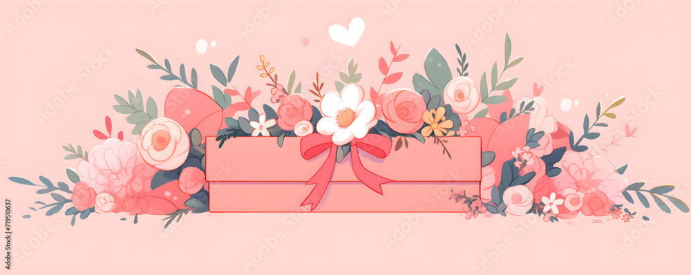 Border with present box, bow and flowers isolated on pink peach background. Flat lay style illustration. Love and romantic concept. Element for design card, banner, poster for Valentine's Day, wedding
