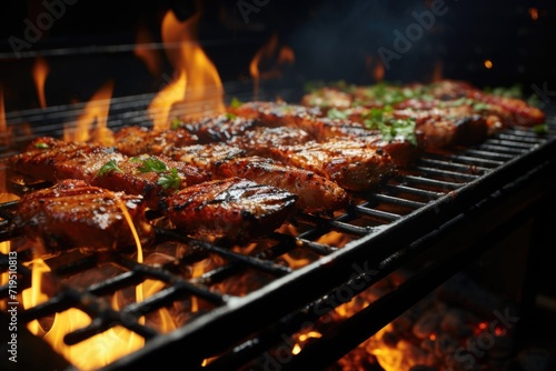 Bifth of appetizing spices squeaking about grill in flames gourmet food delicious food, generative IA