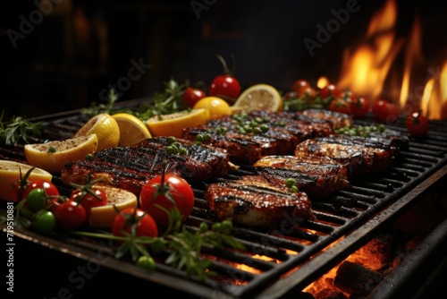Bifth of appetizing spices squeaking about grill in flames gourmet food delicious food  generative IA