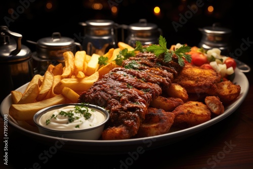 Higher Steak with fried ribs with fried chicken and potatoes on a sign with sauce, generative IA
