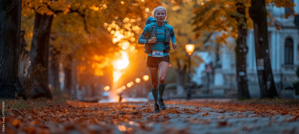 Smiling woman in trail marathon and city triathlon, showcasing an active lifestyle. Smiling woman in trail marathon and city triathlon, showcasing an active lifestyle.