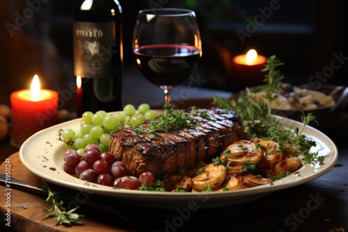 Grilled loin steak with red wine sauce in rustic dish generated by, generative IA
