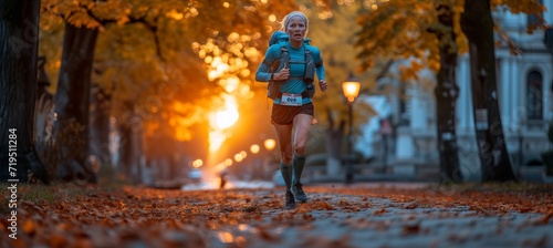 Smiling woman in trail marathon and city triathlon, showcasing an active lifestyle.
