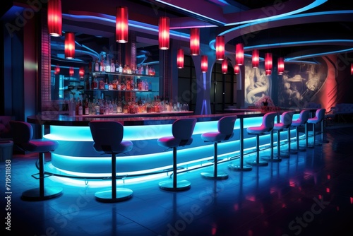 Interior of a night club with bar counter with chair, Luxury nightclub illuminated by modern lighting equipment Ai generated