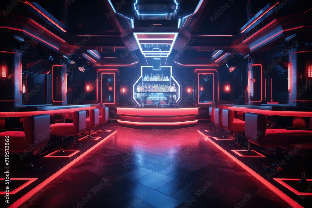 Interior of a night club with bar counter with chair, colorful interior of bright and beautiful night club Ai generated