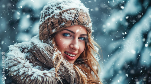Woman with striking blue eyes wearing hat stands in snowy landscape. This image can be used to depict winter fashion or beauty of nature in winter