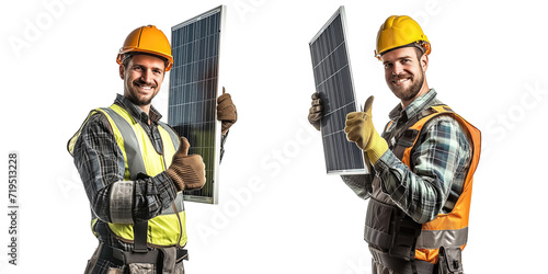 Set of PV installer with solar panels isolated on transparent background. photo