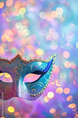 Mardi Gras Carnival Mask Concept, Vibrant Mask on Bokeh Background.