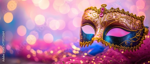 Mardi Gras Carnival Mask Concept, Vibrant Mask on Bokeh Background.