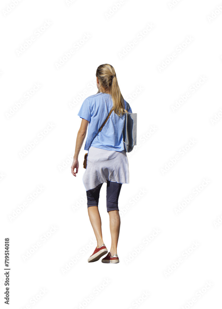 jeune femme vue de dos, elle marche, elle a les cheveux attachés, porte un t-shirt et une jupe, c'est le printemps, il fait beau, fond transparent jeune femme vue de dos, elle marche, elle a les cheveux attachés, porte un t-shirt et une jupe, c'est le printemps, il fait beau, fond transparent