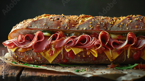 Delicious sandwich with meat and cheese placed on rustic wooden table. Perfect for food blogs, restaurant menus, or cooking websites