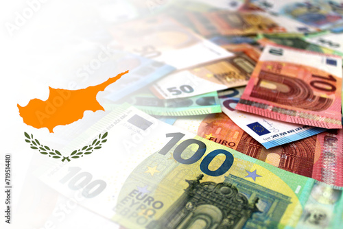 Euro banknotes colored in the colors of the flag of Cyprus. Gradient overlay of the Cyprus flag on the euro notes.