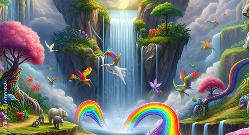 beautiful view water fall and rainbow and animals in the jungle