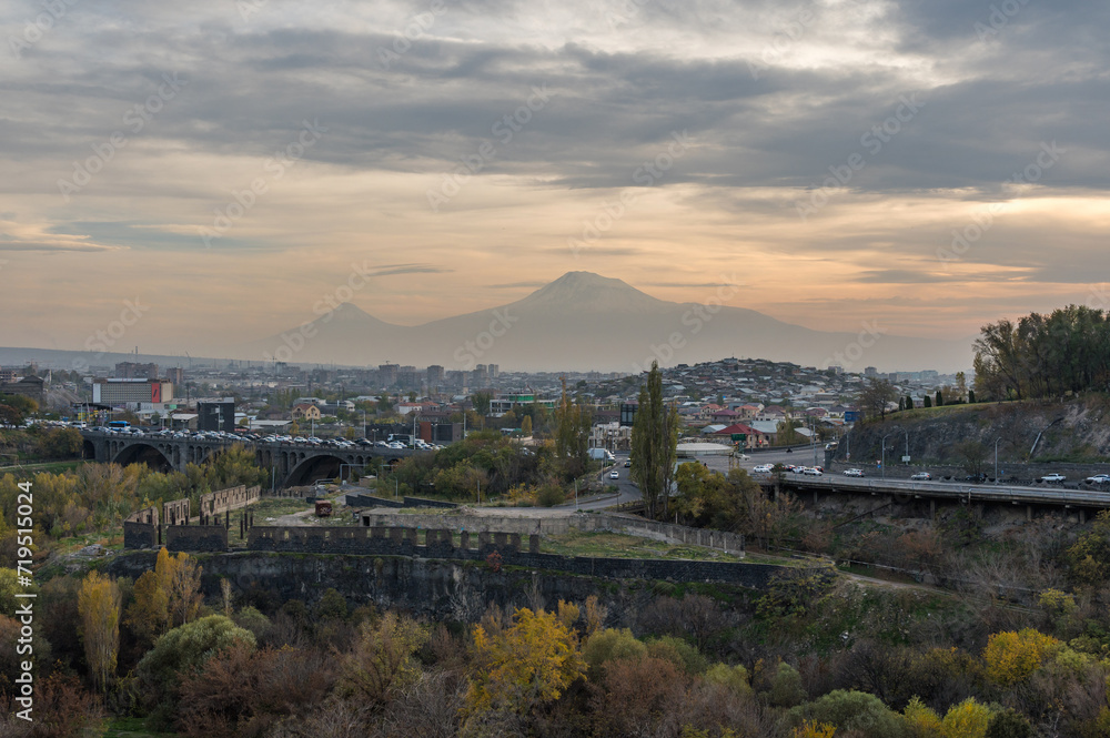 Stunning view of Mount Ararat and the city of Yerevan. Beautiful sunset