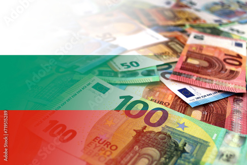 Euro banknotes colored in the colors of the flag of Bulgaria. Gradient overlay of the Bulgarian flag on the euro notes.