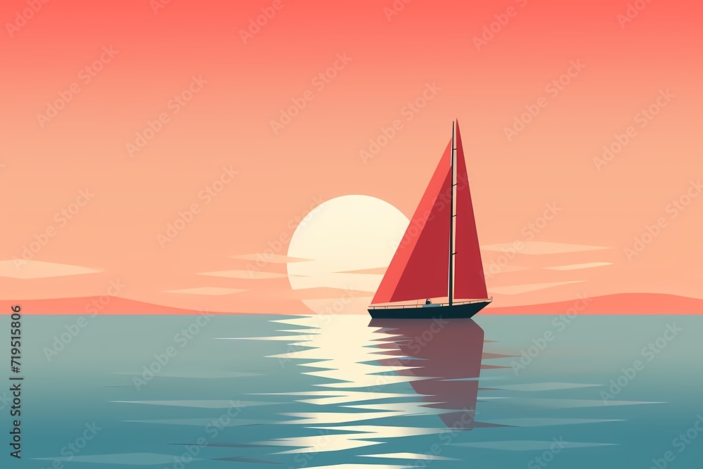 Minimalistic vector representation of a sailboat, featuring bold lines and a serene solid color background