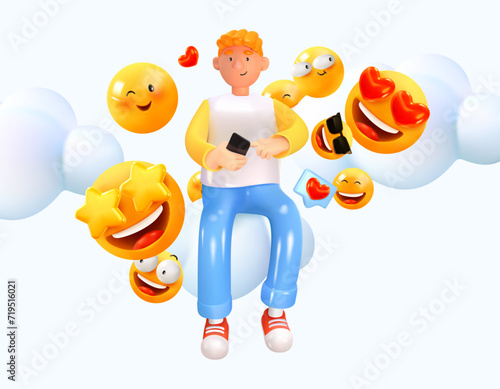 The guy is sitting with a phone in his hands, smiles around him. Concept of reviews, communication. Vector illustration