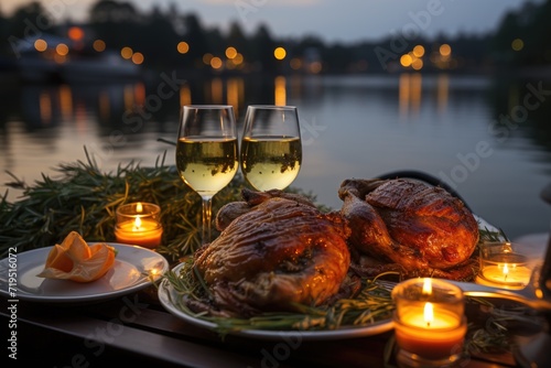 Roasted duck barbecue slowly, smooth lighting and a romantic dinner on the edge of a quiet lake with floating candles., generative IA