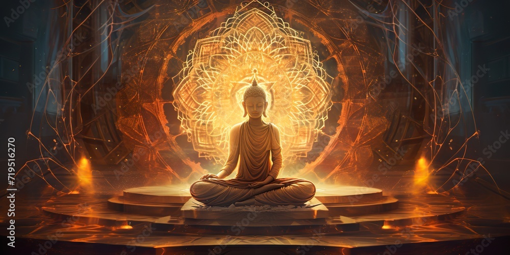 Meditating Buddha with tantric designs. - obrazy, fototapety, plakaty 
