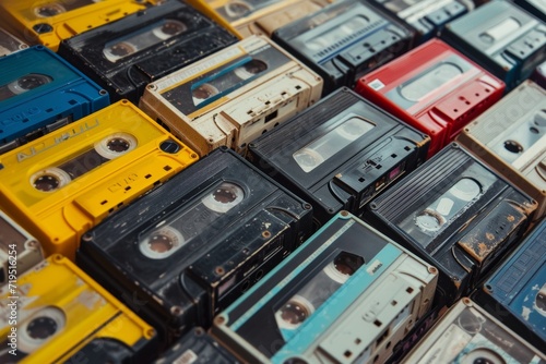 lots of vintage cassette tapes, flatlay top view.