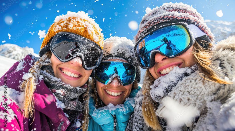 Three women standing together in snowy landscape. Suitable for winter activities or friendship concepts Three women standing together in snowy landscape. Suitable for winter activities or friendship concepts