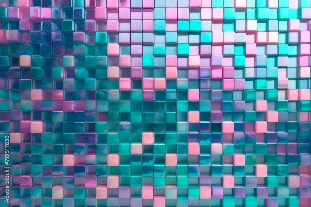 Mosaic cubic geometrical wall in sweet sherbet, cool pink, pastel purple, pastel turquoise, dark blue-green tones.