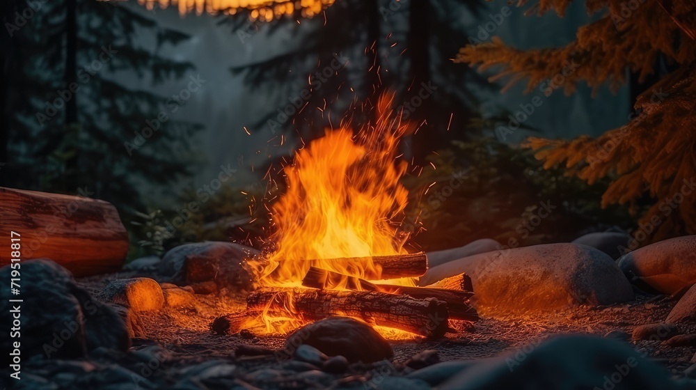 Fototapeta premium Burning campfire in the forest at night. AI generated.