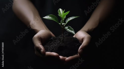 Hands holding a plant in the ground on a dark background. AI generated.