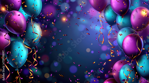 Vibrant and festive image featuring bunch of balloons and confetti on blue background. Perfect for parties, celebrations, and special occasions