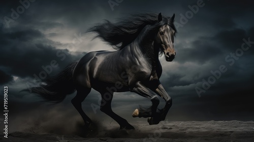 Beautiful black horse gallops on a dark background. AI generated.