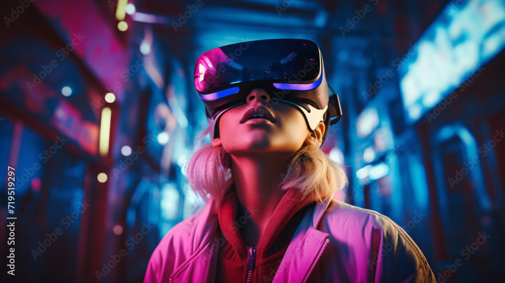 Young charming woman wearing futuristic virtual reality glasses in a neon-lit environment. Generative AI