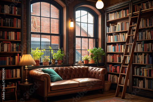 Warm, inviting library room with classic leather sofa, wooden ladder, and extensive bookshelves by a large window.