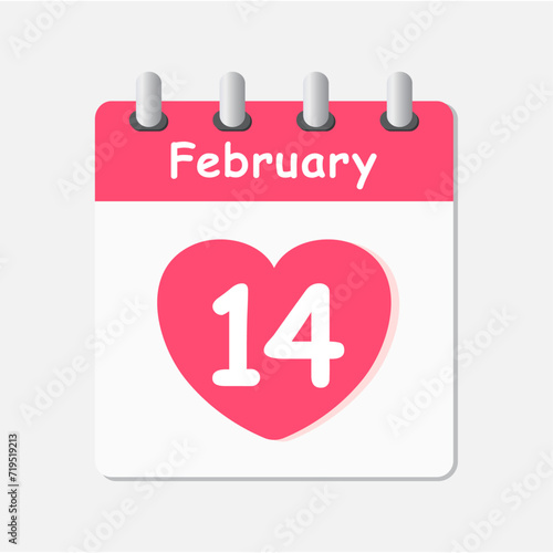 February 14 Valentine's Day calendar icon with pink heart. Calendar icon 14 February Valentine's Day vector image - Vector Icon