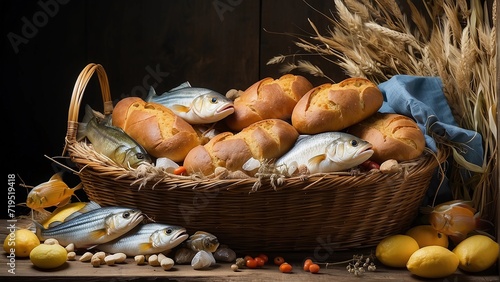 loaves and fish in the basket, generative ai photo