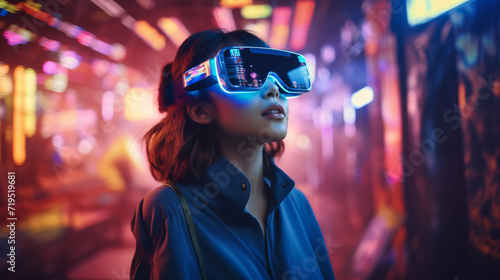 Young charming woman wearing futuristic virtual reality glasses in a neon-lit environment. Generative AI