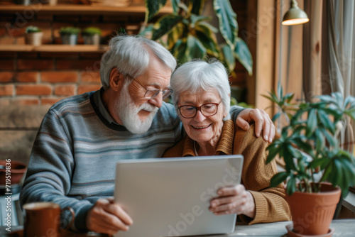 Happy family at the laptop computer. Smiling elderly senior man and woman, husband and wife