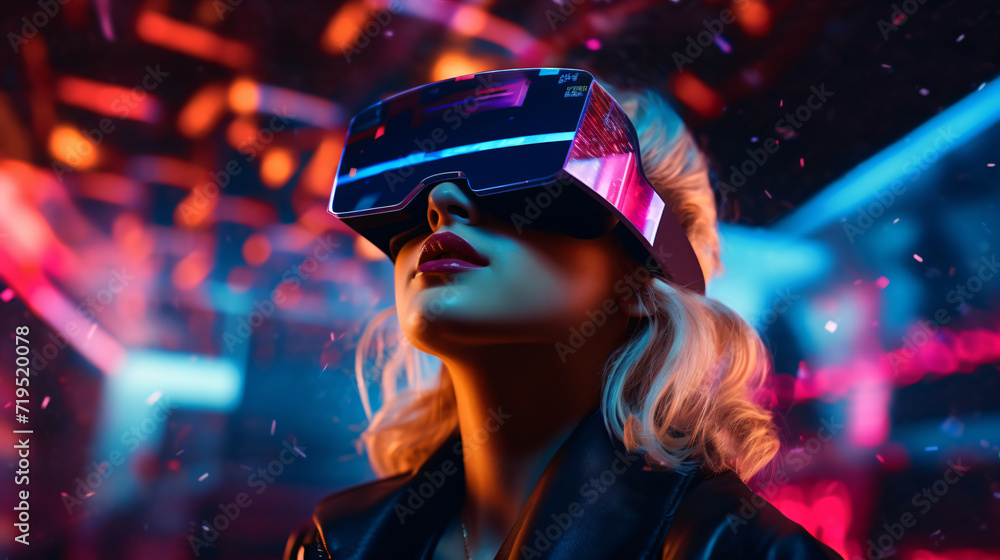 Young charming woman wearing futuristic virtual reality glasses in a neon-lit environment. Generative AI Young charming woman wearing futuristic virtual reality glasses in a neon-lit environment. Generative AI