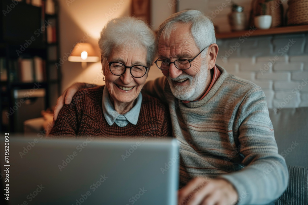 Happy family at the laptop computer. Smiling elderly senior man and woman, husband and wife Happy family at the laptop computer. Smiling elderly senior man and woman, husband and wife