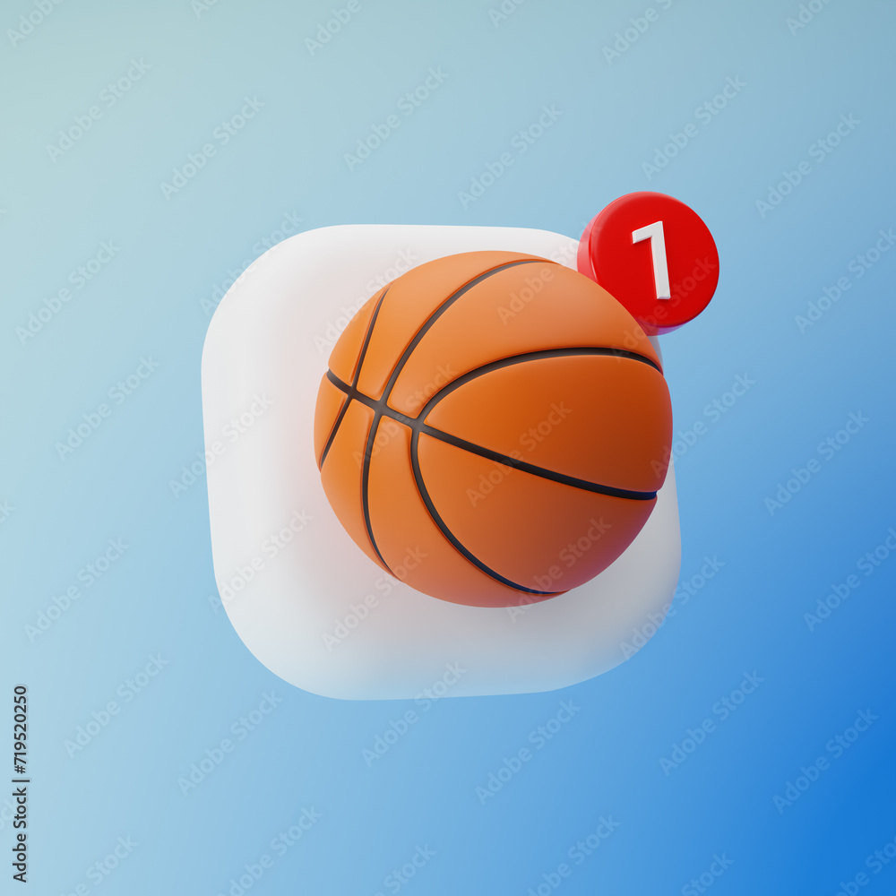 App icon with basketball and one notification sign isolated over blue background. 3d rendering.