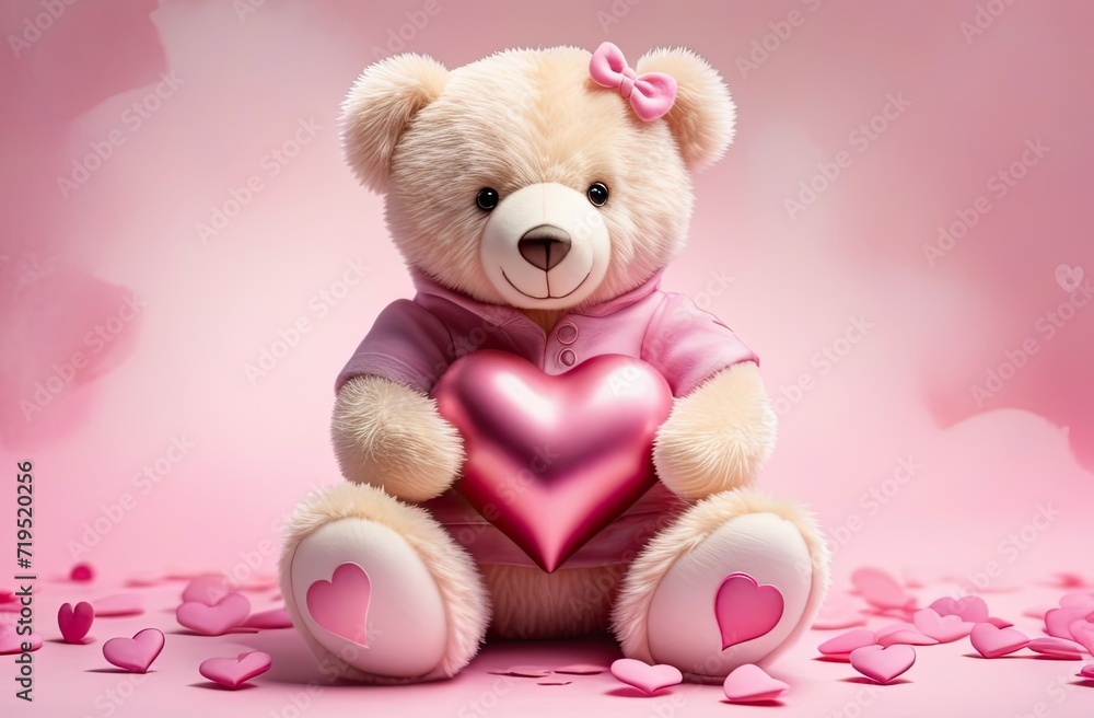 Realistic drawing of a fluffy teddy bear in a pink sweater with a bow on the ear and a heart pillow in the paws, decorative elements around, soft pink blurred watercolor background, postcard Realistic drawing of a fluffy teddy bear in a pink sweater with a bow on the ear and a heart pillow in the paws, decorative elements around, soft pink blurred watercolor background, postcard