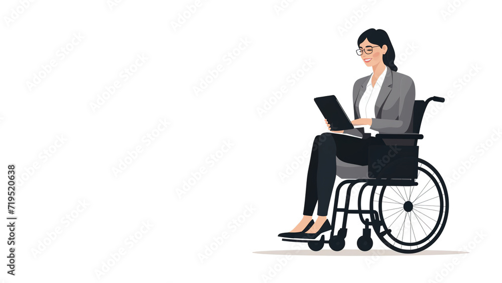 woman with disability on wheel chair working in office. Disabled woman communicate with mobile phone, laptop, tablet. Handicapped persons work. copy space. isolated on white. woman with disability on wheel chair working in office. Disabled woman communicate with mobile phone, laptop, tablet. Handicapped persons work. copy space. isolated on white.