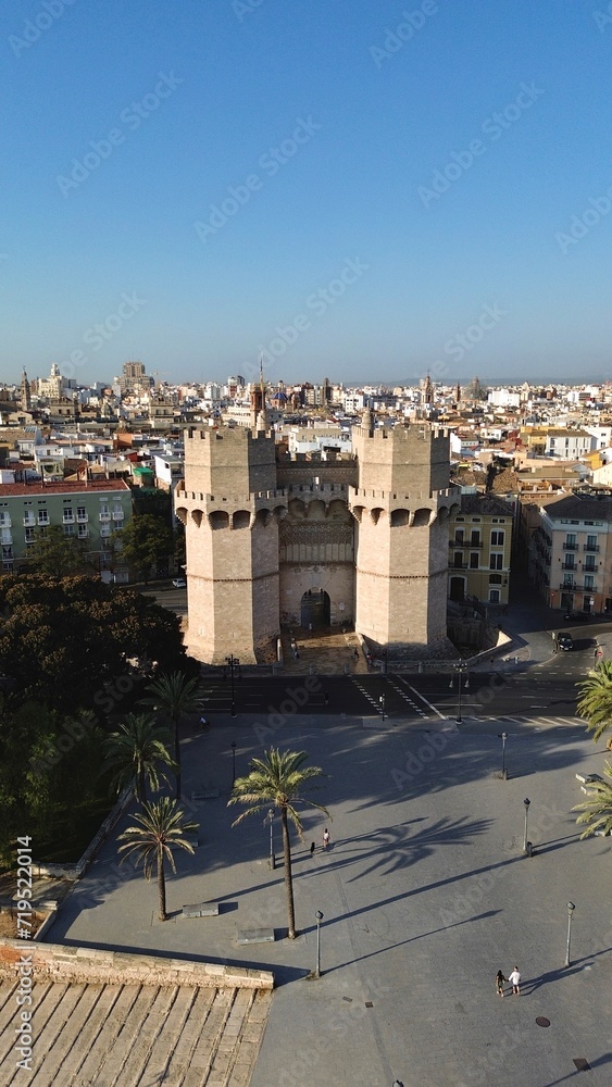 drone photo Serranos Towers, Torres dels Serrans Valencia spain europe	