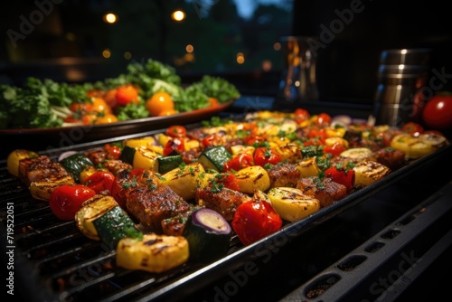 Skewers of vegetables on the grill  lush garden and a relaxed lunch at home.  generative IA