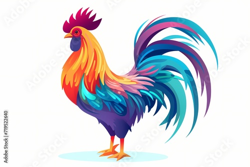 A minimalistic cartoon rooster with colorful feathers, crowing at dawn, isolated on a white solid background