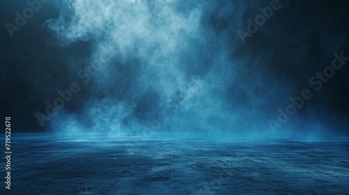 abstract image of dark blue room concrete floor panoramic view of the abstract fog white cloudiness  space for product presentation  mist or smog moves on dark blue background
